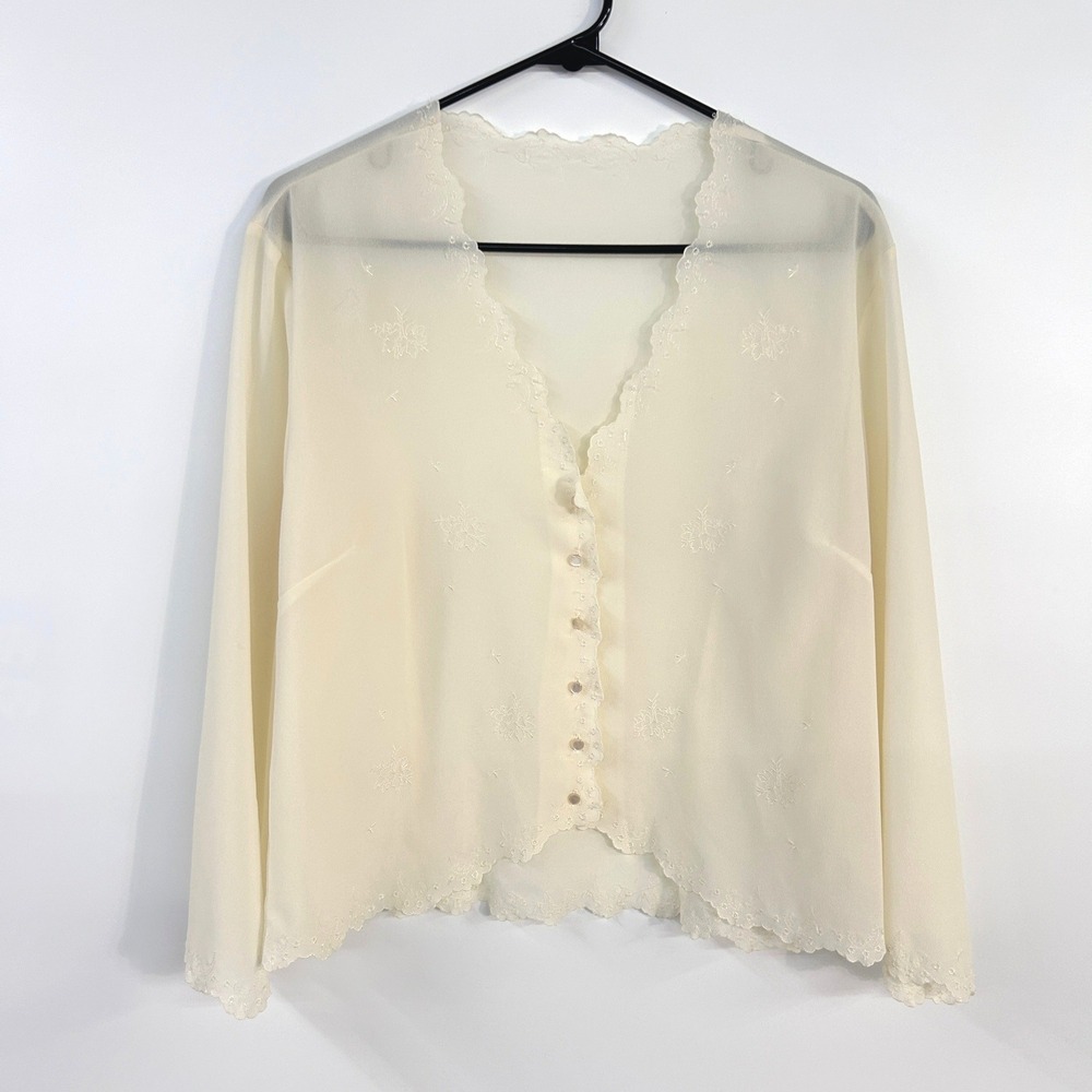 Ivory Sheer Embroidered Blouse Scalloped Romantic Fairy Ethereal Cottagecore